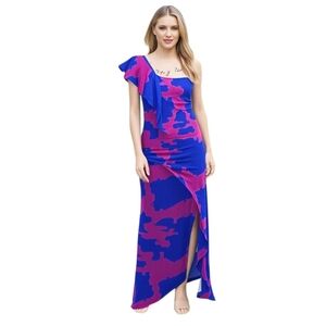 Asymmetrical Sundress Blue & Pink One Shoulder Ruffled